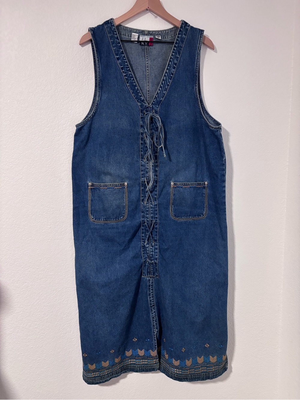 Vintage 90’s Tie Front Embroidered Denim Jumper Size XL Maxi Pockets